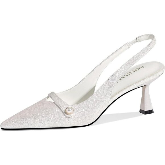 🆕Women White Kitten Sling Back Low Heel Pumps Closed Pointed Toe Pearl Heels - Picture 1 of 7